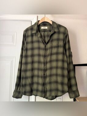 BUCK MASON olive green black cotton plaid long sleeve button up shirt flannel